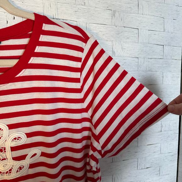Lauren Ralph Lauren T-shirt red white stripes lace embroidered initials plus Sz - Picture 4 of 10